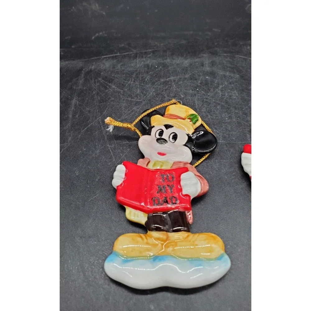 Vintage Set Of 2 Disney Christmas Ornaments Mickey Minnie Reading To My Dad